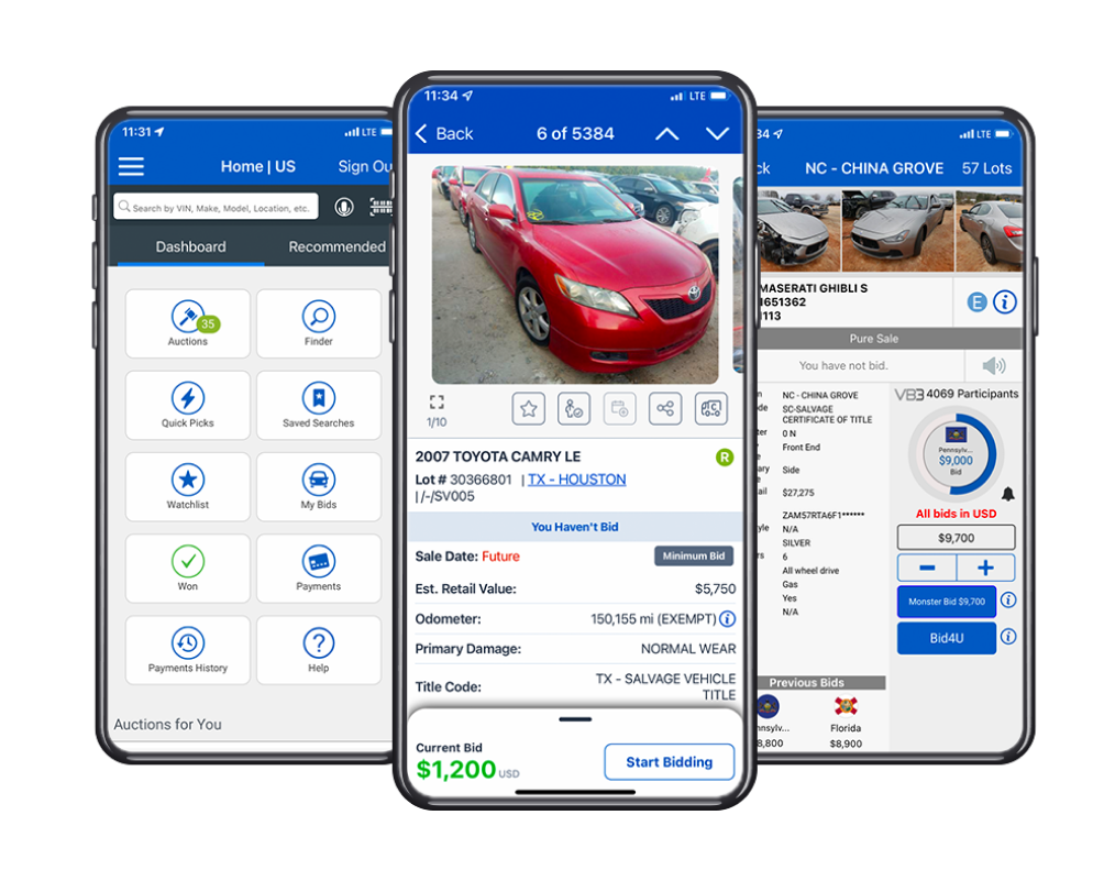 Copart Mobile App on three smartphones